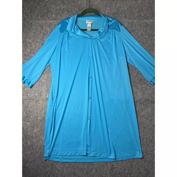 Vanity Fair Pajama Top Women's Large Aqua Blue 100% Nylon Pockets Button Front - Picture 1 of 7